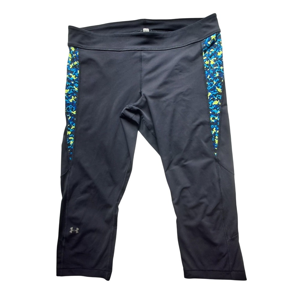 Under Armour HeatGear Capri Leggings Black Blue Camo Womens 32" Waist (Large)
